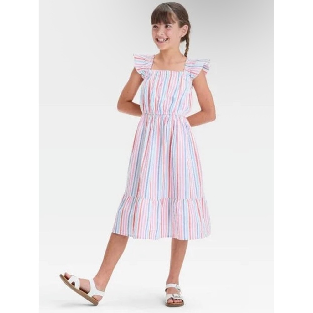 Cat & Jack Striped Midi Dress Kids Size M 8 Multicolor New Flutter Sleeve Tiered